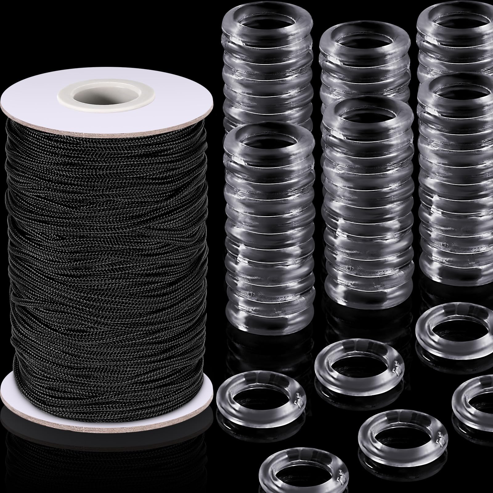 Photo 1 of 100 Pieces Clear Roman Curtain Rings 55 Yards Roman Blind Cord 8 to 13 mm Transparent Plastic Rings 1.8 mm White Braided Lift Shade Cord for DIY Blind Curtains (Black)