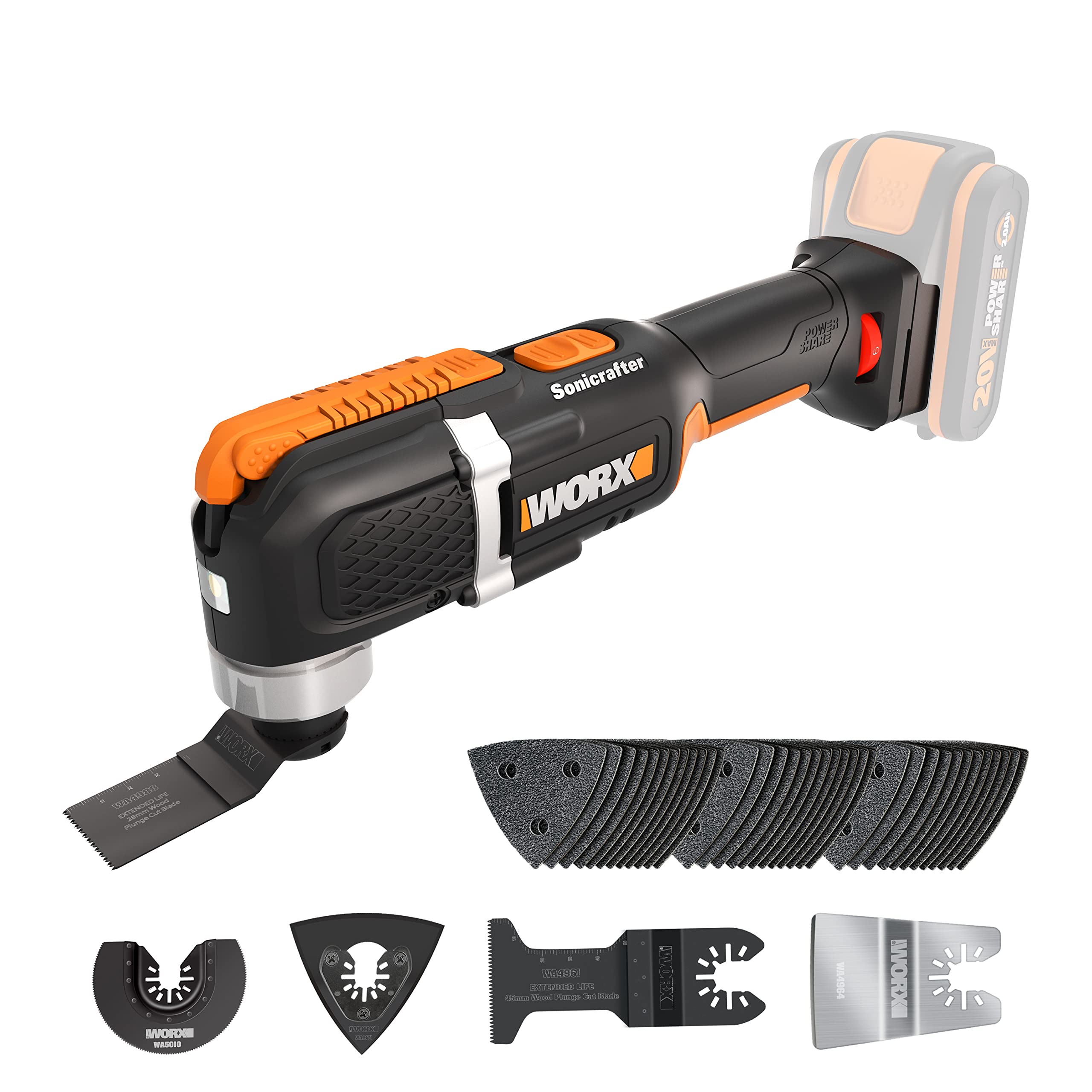 WORX WX696.9 Akku-Multifunktionswerkzeug – Elektrisches 20V Werkzeug zum Schneiden, Sägen, Schleifen & mehr – Ohne Akku & Ladegerät