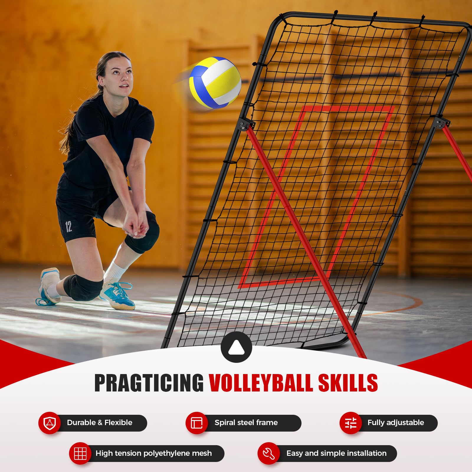 Volleyball Rebounder Net - Portable 7x4 ft Training Equipment for Spike and Smash Practice - 5 Rebound Angles Custom Target Area for Volleyball Sports Training，Red