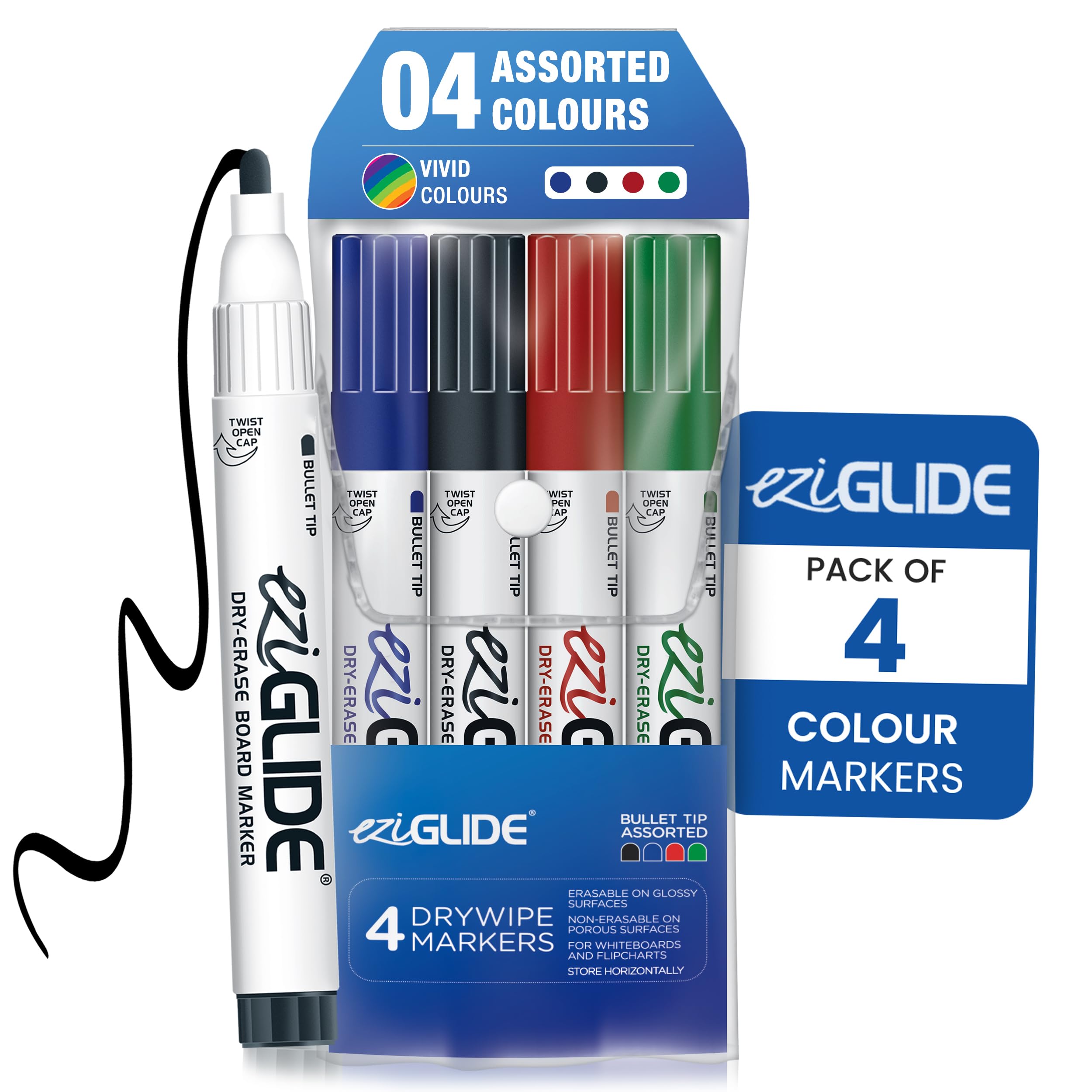 Eziglide 4-Pack White Board Pens, Bullet Tip – Non-Permanent, Erasable & Refillable Drywipe Markers - 4 Colours, Black, Red, Blue & Green, Ideal for School, Flipcharts, Office & Classroom Use