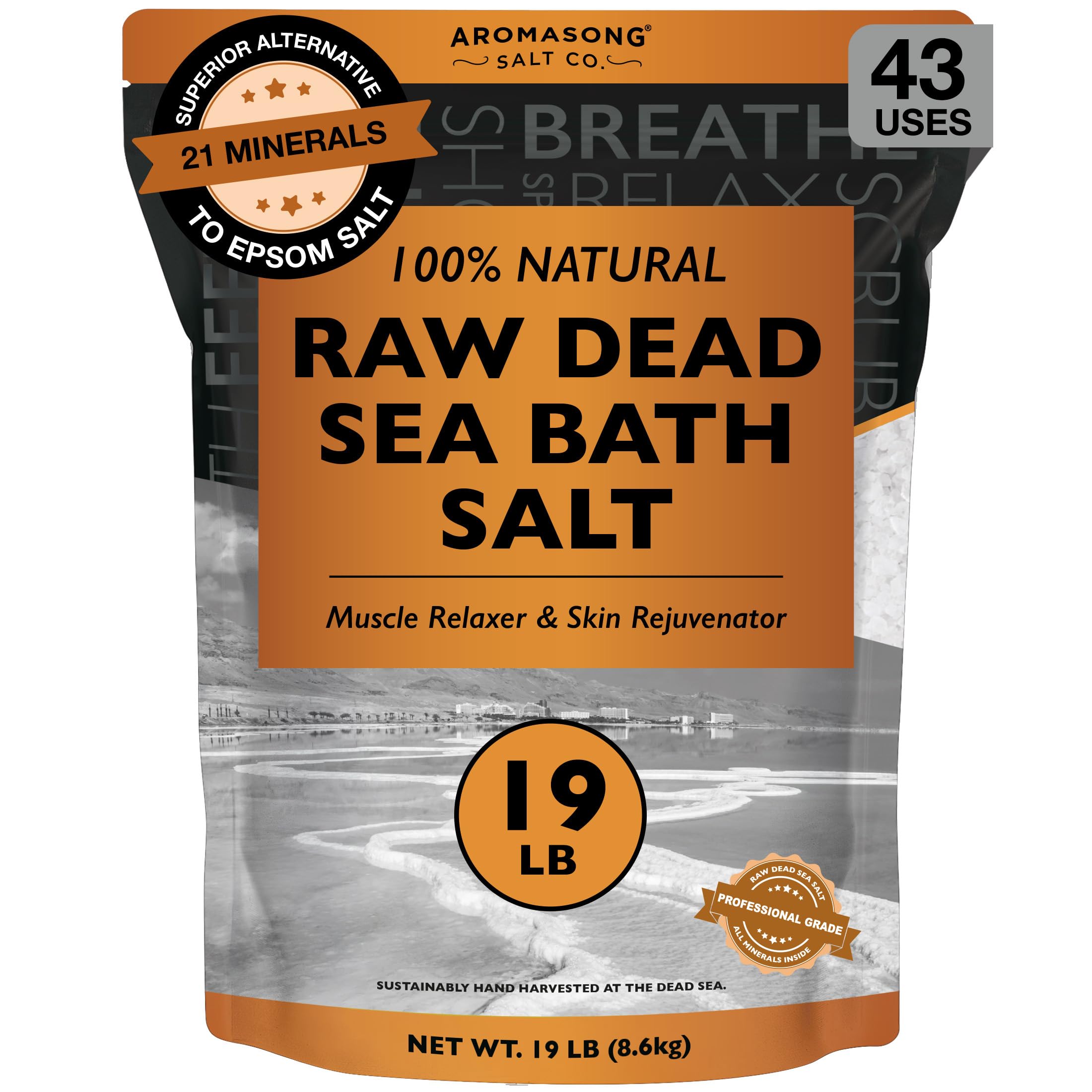 Aromasong Raw Dead Sea Bath Salt - Minimally Cleaned, Contains More Dead Sea Minerals Including Dead Sea Mud - 100% Pure & Natural Dead Sea Salts for Soaking 19 LB - Bulk Resealable Pack