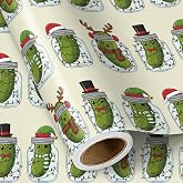 RUSPEPA Pickle Christmas Wrapping Paper Roll, Mini Roll, Pickle in Jar with Santa Hat & Reindeer Design, Funny Gift Wrap for Kids, Friends, Food Lovers, Holiday, Christmas, 17 Inches x 16.4 Feet