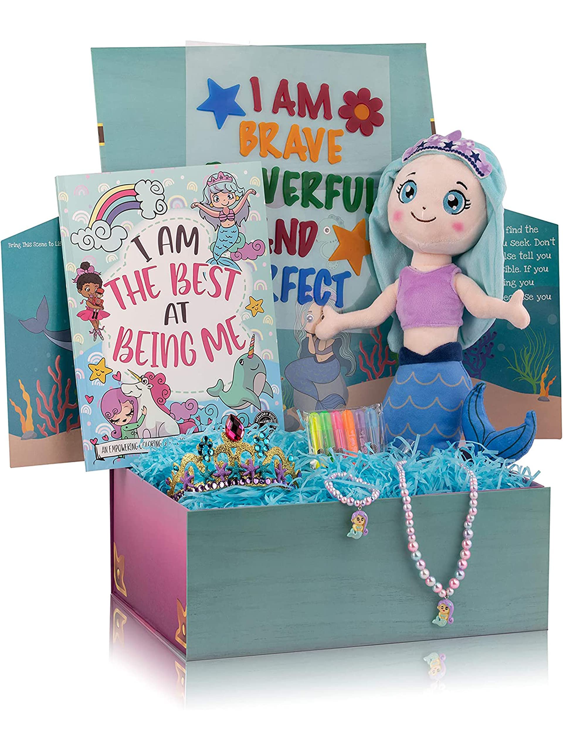 The Memory Building Company Kids Mermaid Surprise Box for Girls & Boys, Includes Plush, Coloring Book + Markers, Jewelry, Crown Headband, Birthday Toys Easter Basket Stuffers Age 6 & Up