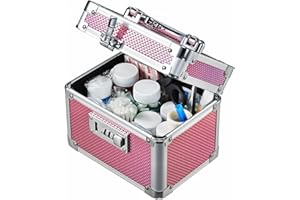Adazzo Lockable Medicine Storage Box - Shiny Pink Cabinet Med Lock Organizer, 7 * 5.25 * 5.75 Inches Safe Case with Combination Lock for Home, Dorm, Office, or Travel - Mini Size
