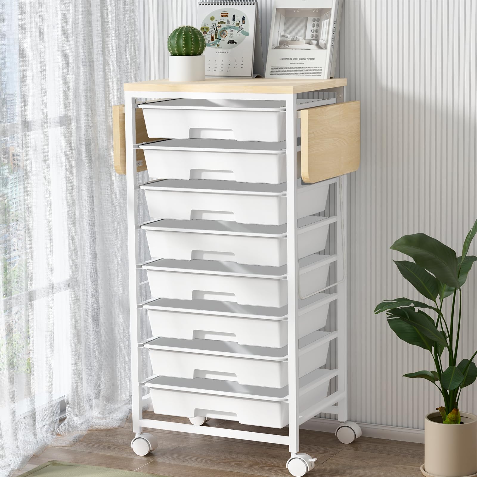 Photo 1 of Rolling Storage Cart with Drawers, Shrivee Utility Cart with 8 Drawers and Wheels, Plastic Organizer Cart with Wooden Tabletop and 2 Side Panel for Home Office Dorm Craft