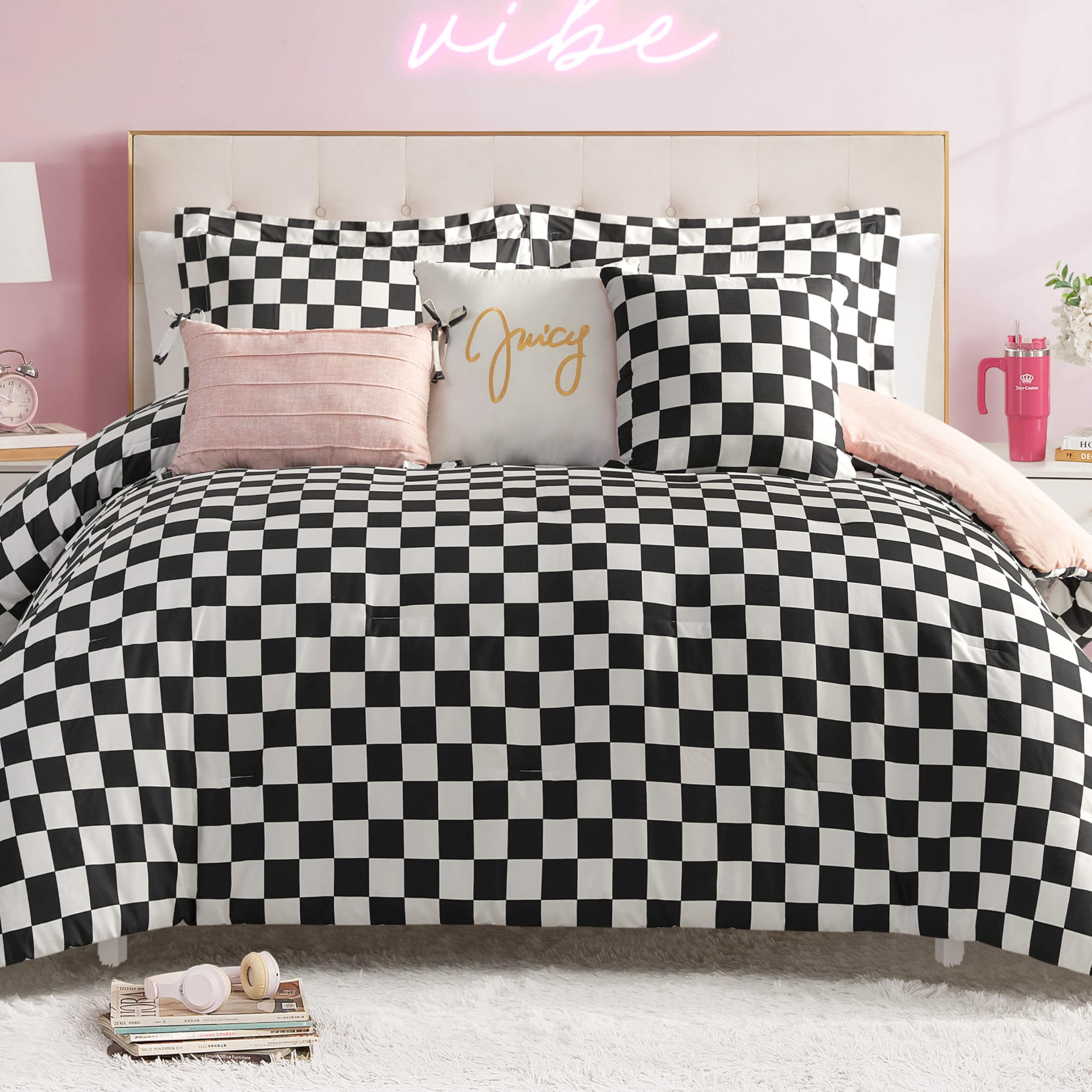 Juicy Couture Reversible Checkerboard Comforter Set 6-Piece King Set, Black/White Image Juicy Couture Reversible Checkerboard Comforter Set 6-Piece King Set, Black/White Image