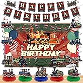 Train Party Decorations Retro Train Birthday Party Supplies Includes Train Happy Birthday Banner Hanging Swirls Steam Train Honeycomb Centerpieces Transportation Birthday Decorations for Boys Girls