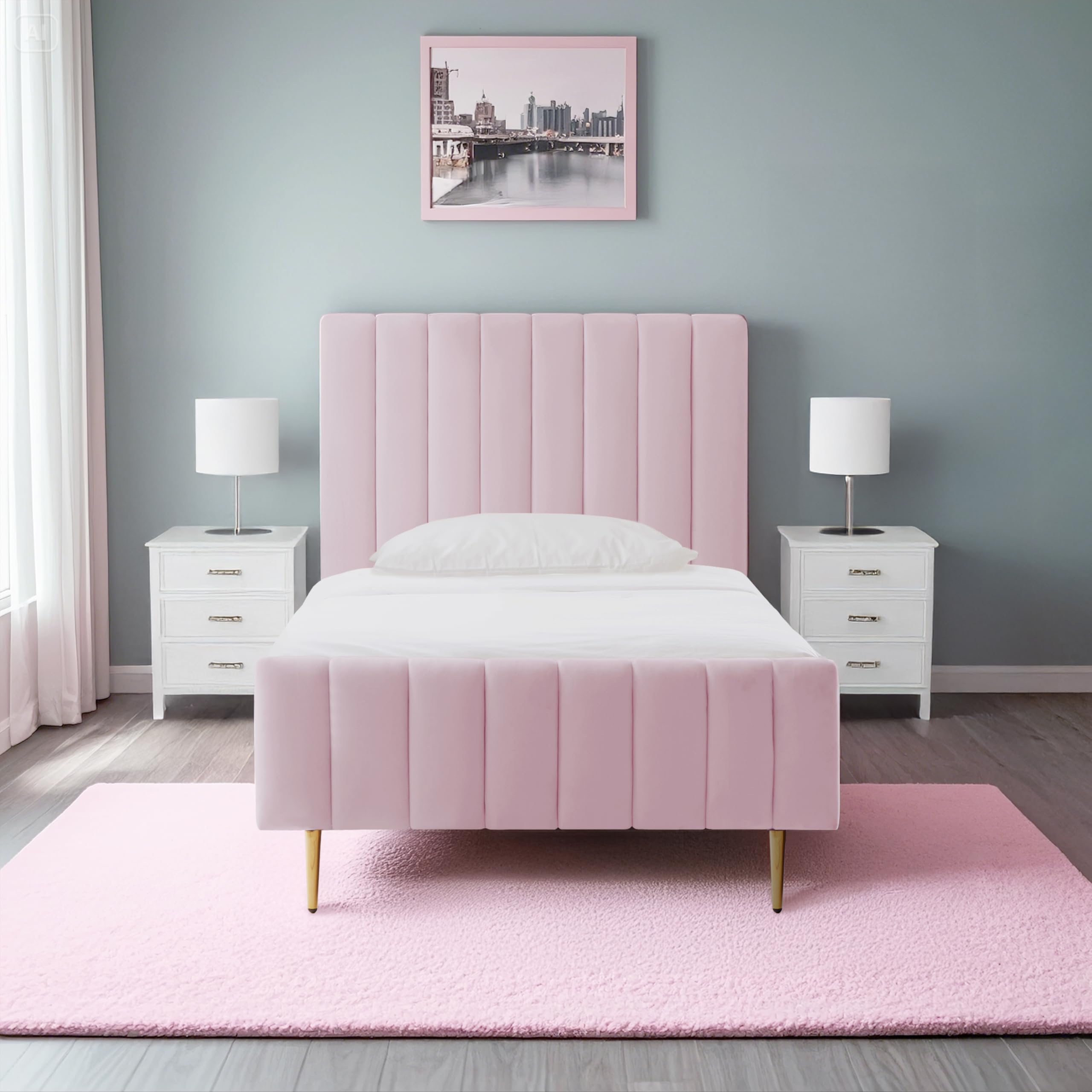 Photo 1 of *** PARTIAL SET 1 OF 2*** Livinia Twin Size Elton Velvet Platform Bed, Upholstered Bed Frame with Vertical Channel Tufted Headboard Footboard, Strong Wood Slats, No Box Spring Needed, Pink (Twin)
