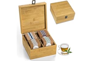 Zen Earth Inspired Bamboo Tea Organizer Box Chemical Free Big, Tall, Adjustable Cubbies Natural Wooden Storage Chest (4-Slot Square 7.4" x 8.1" x 4.2" Blank)