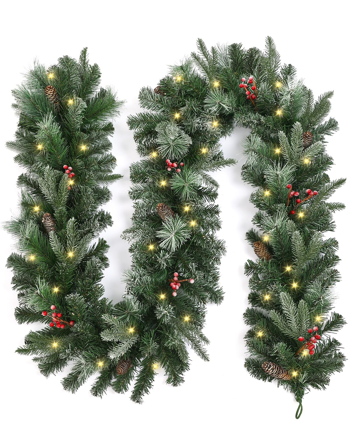 Photo 1 of OasisCraft 9FT Pre-lit Christmas Garland with Pine Cones and Berry Clusters, PVC & PE Snowy Garland with 50 LED Lights, Battery Operated and Timer Xmas Garlands for for Home Stairs Fireplace Front