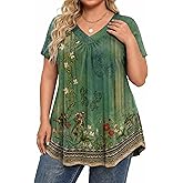 IN'VOLAND Womens Plus Size Tops Short Sleeve Summer V Neck Shirts Flowy Dressy Casual Tunic Blouses 1X-5X