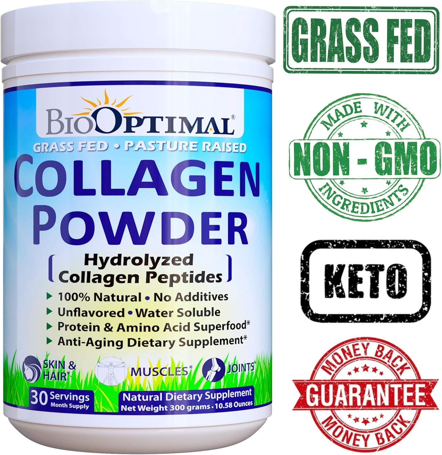 BioOptimal Collagen Powder - Collagen Peptides, Grass Fed, for Skin, Hair, Nails & Joints, Collagen Supplements for Women & Men, Pasture Raised, Dissolves Easily, 300 Grams: Health & Personal Care