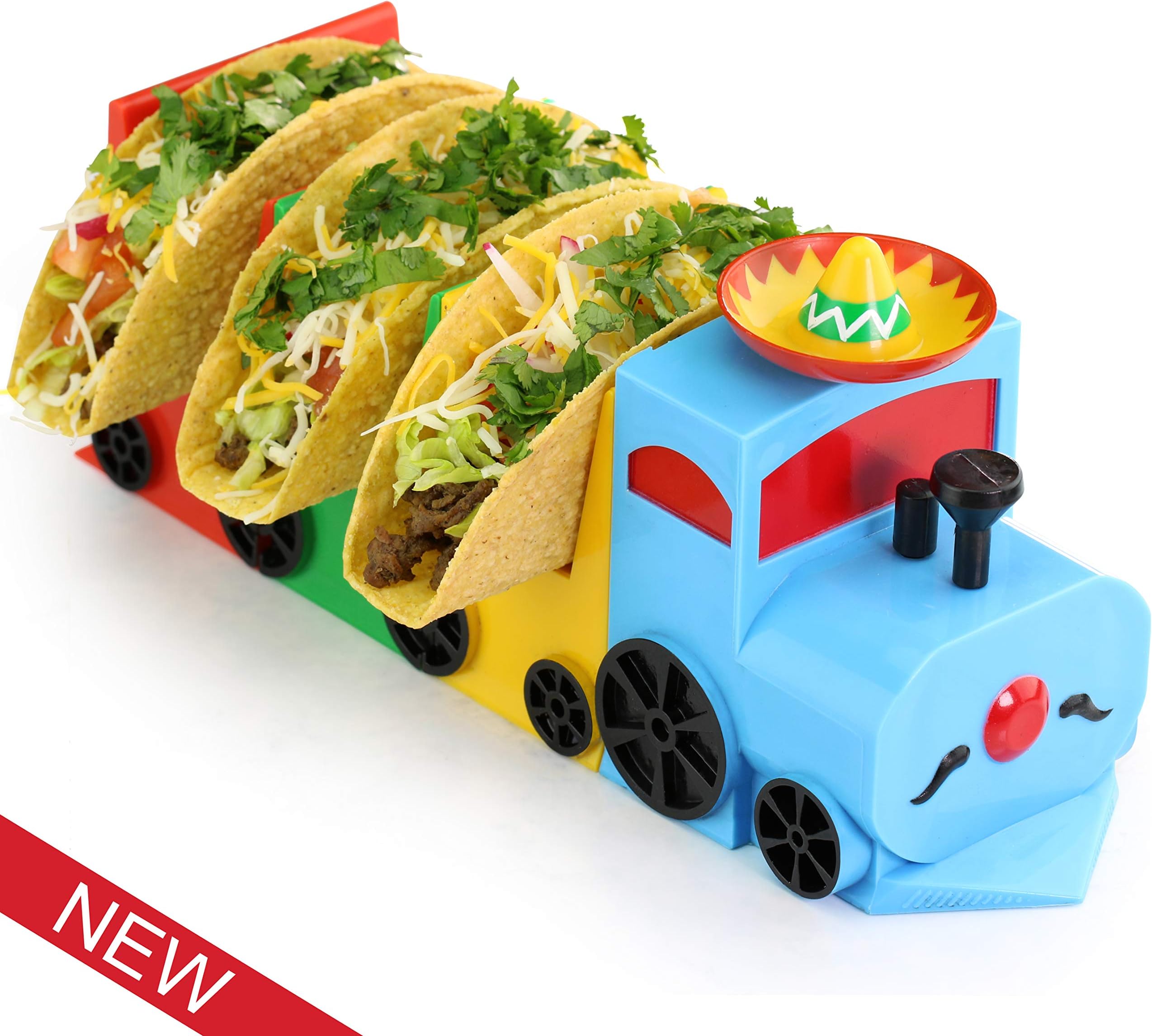 Mr. Taco Train -3 Taco Holder in Colorful Train Engine and Cars | Fun for Kids and Adults |Taco Tuesday and Party Supplies | Novelty Kitchen Dish | Crunchy and Soft Taco Stand Server