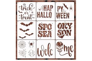 BOQON 9 Pieces Halloween Stencils for Door Mats, Reusable Happy Halloween Spooky Bat Stencil Trick or Treat Spider Web Stencils for Painting on Wood Crafts Doormat