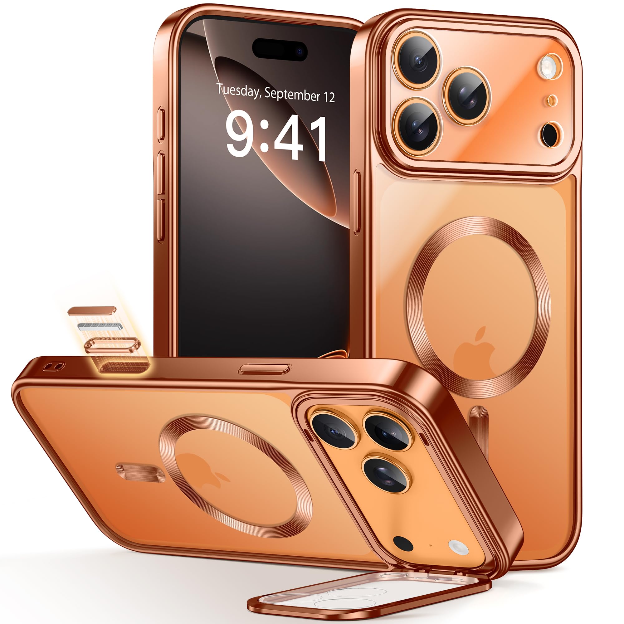 GolbinBox for iPhone 17 Pro Case with Stand, Compatible with MagSaf, Camera Control Button, Military-Grade Shockproof Protection, Plating Edge Phone Cover for iPhone 17 Pro 6.3 '', Rose Orange/Clear