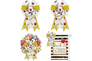 Threetols 2 PCS Back to School Bows for Wreath, White Pencil Apple Stripe Teacher Wreath Bows for Front Door, Yellow Ruler Tree Topper Bows for First Day of School Indoor Outdoor Decor