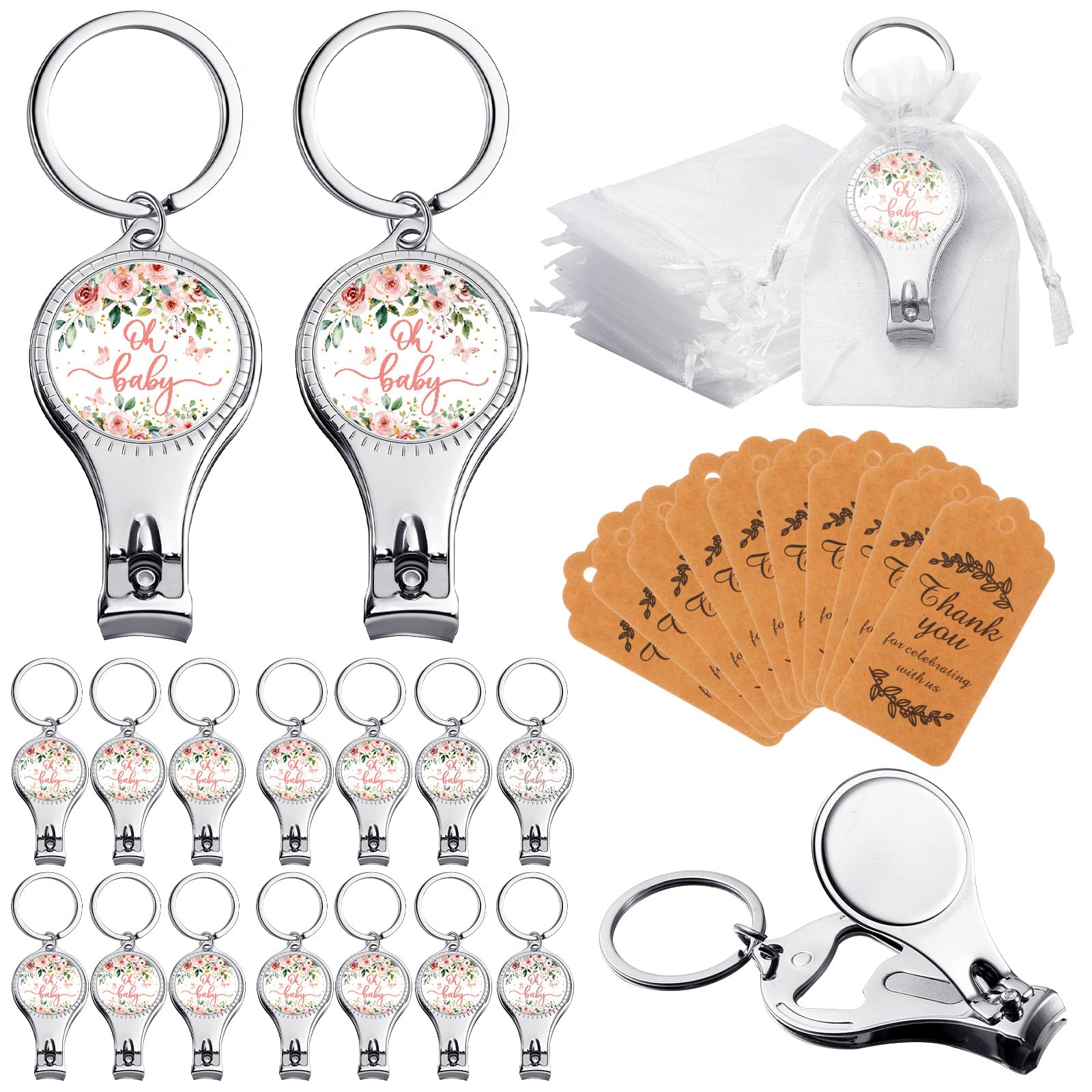 Photo 1 of Lanties 50 Sets Bottle Openers Baby Shower Return Favors for Guest Nail Clipper Bottle Opener Decorations with Thank You Tags Organza Bags for Baby Shower Gender Revel Party Souvenirs (Floral)