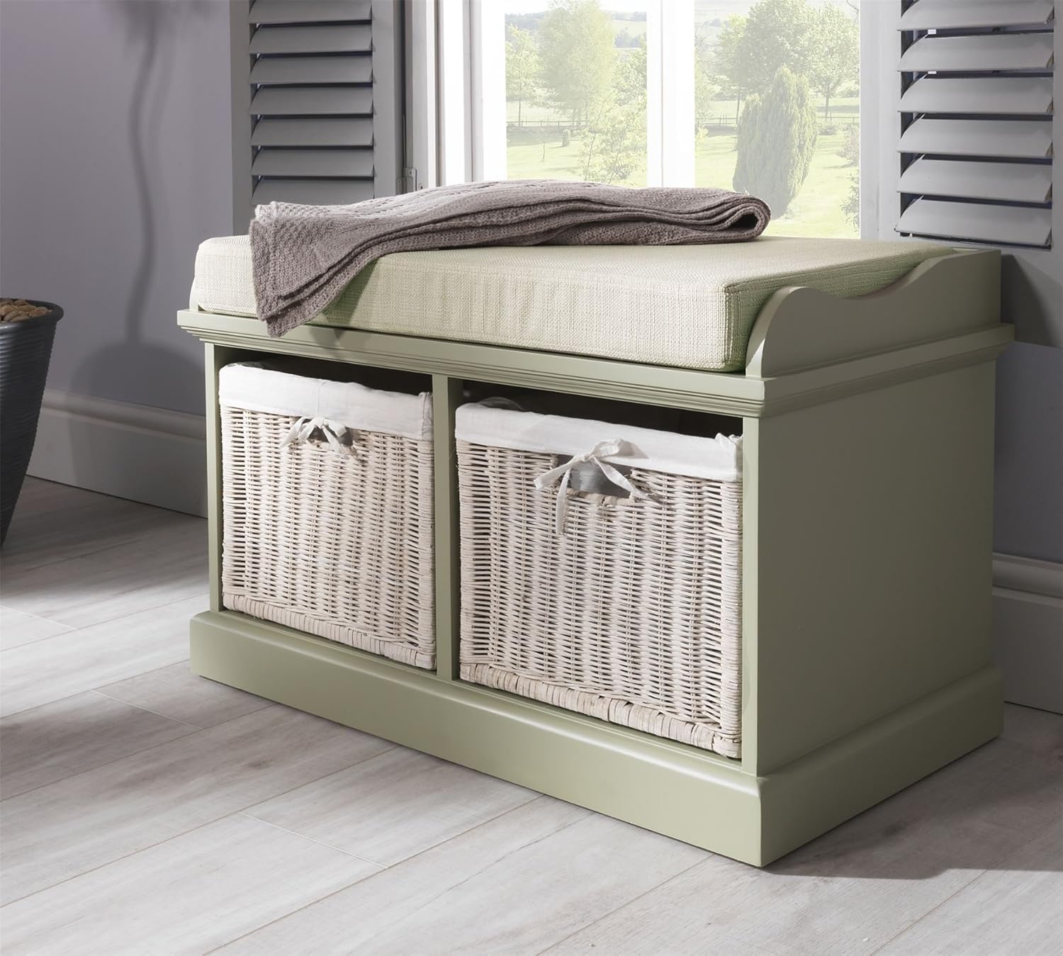 Large Storage Bench With Baskets Tetbury Sage Green Bench with 2 White baskets. Fully assembled storage