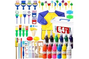 AROIC 64 Pack Washable Paint Set for Kids, 12 Colors Non Toxic Finger Paints for Toddlers 1-3 with Sponges, Paint Brushes, Waterproof Paint Smock, Palettes, Cards, Storage Box, Finger Painting Kits for Art, Crafts(2 oz Each)