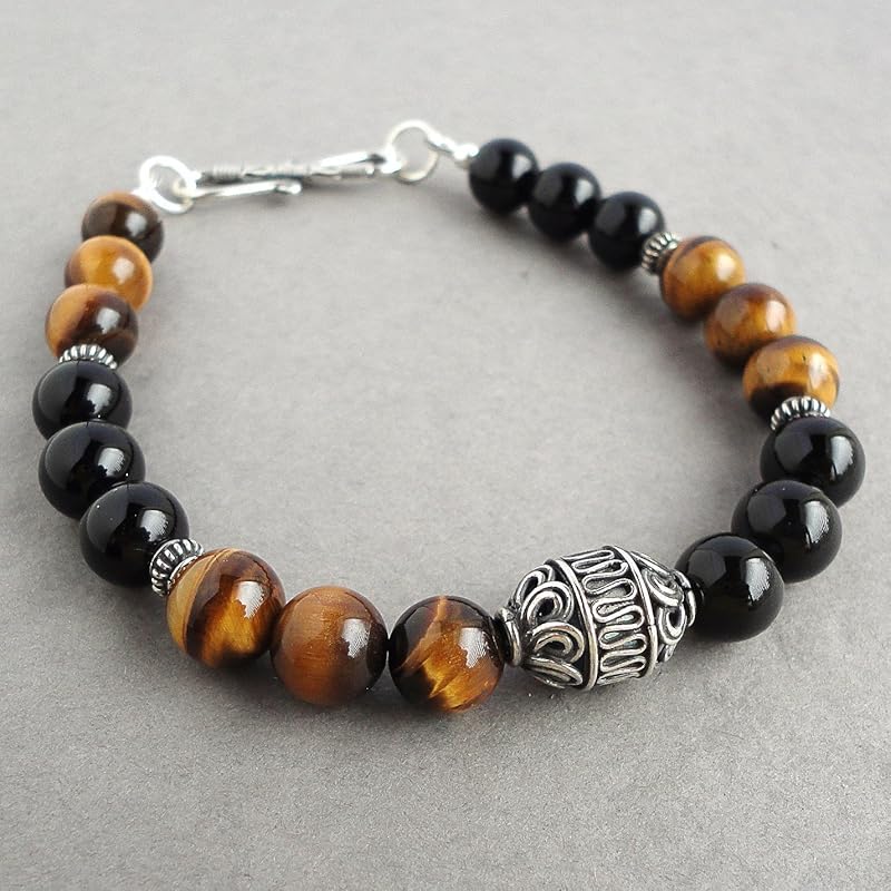 Mens Bracelet Tiger Eye & Black Onyx Gemstone with Bali