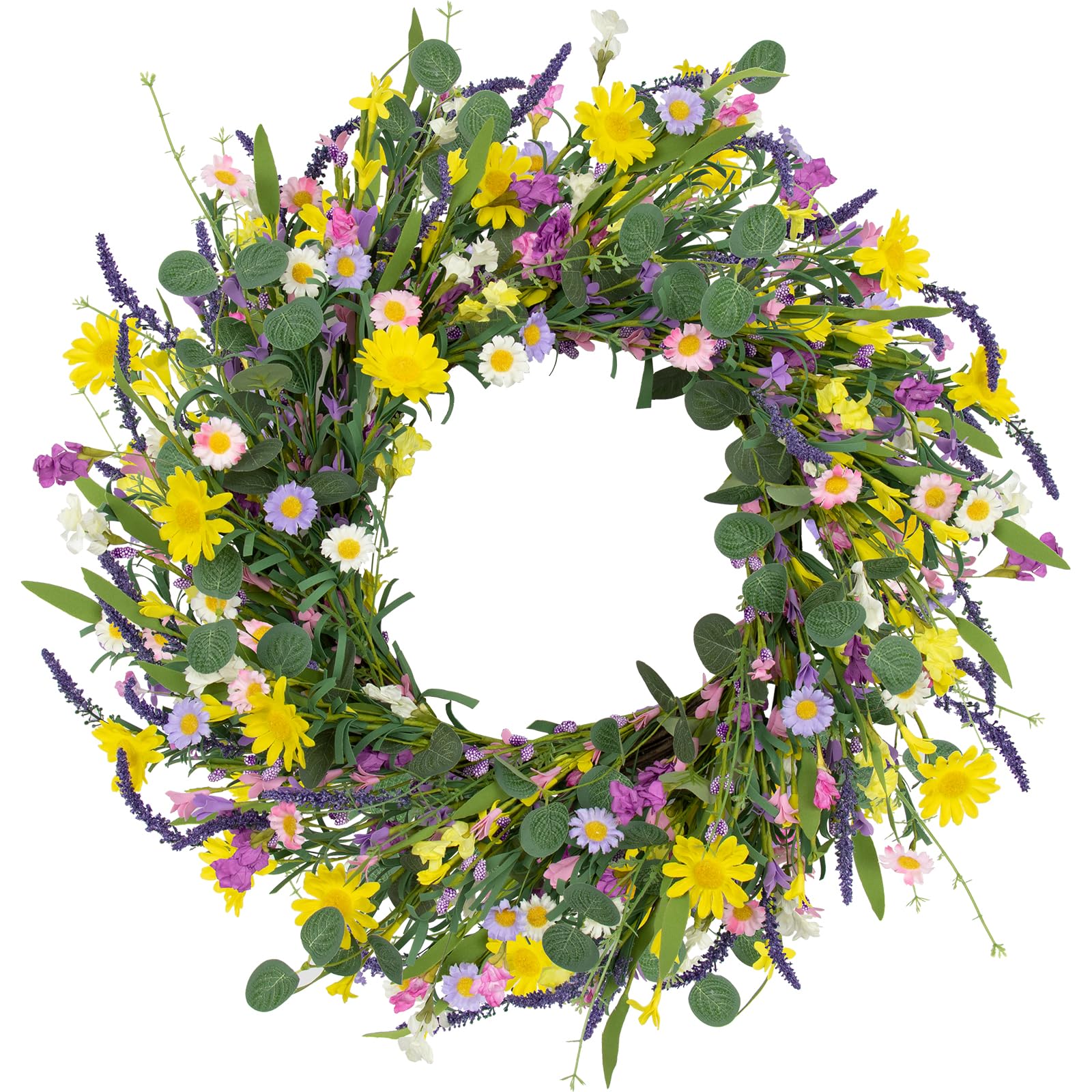Photo 1 of LLZLL Spring Wreath 22" Spring Wreaths for Front Door Artificial Summer Wreath with Eucalyptus Leaf Lavender Daisy for Indoor Outdoor Home Decor Festival Celebrations