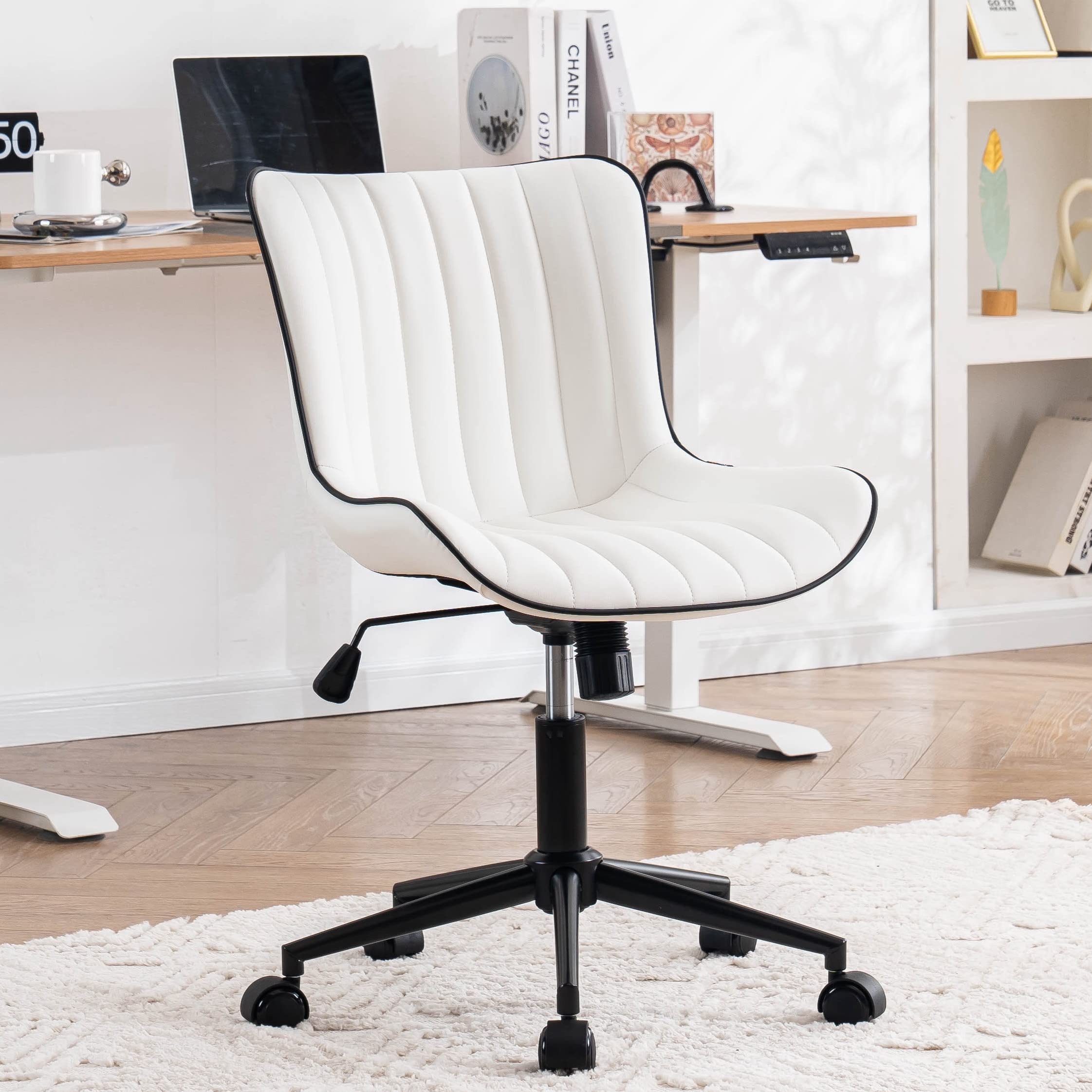 Photo 1 of YOUNIKE Ergonomic Home Office Desk Chair with Wheels White Comfy Armless Vanity Chair with Back Modern Faux Leather Upholstered Task Chair Small Cute Rolling Drafting Chair No Arms Adjustable Swivel