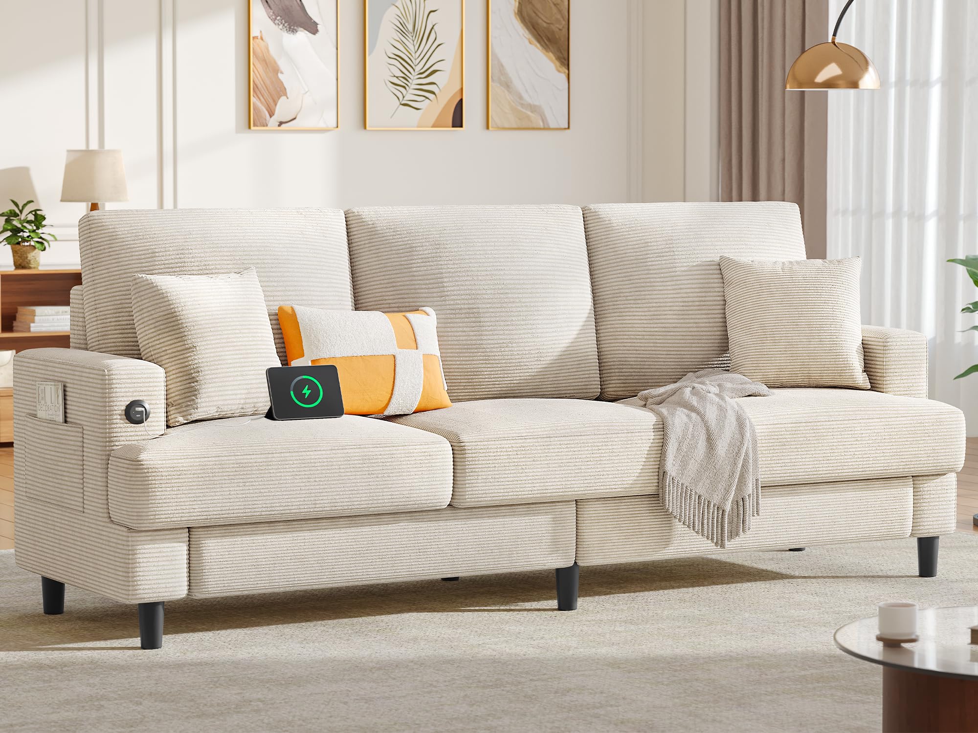 Photo 1 of **PARTIAL SET*** YITAHOME 88 inch 3 Seater Couch, Cloud Couches Sofas for Living Room with Extra Deep Seats, Modern Corduroy Comfy Sectional Sofa with USB & Type-C Ports for Apartment Small Space, Beige