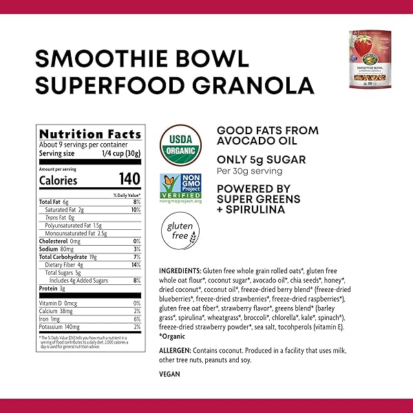 NATURE’S PATH ORGANIC SUPERFOOD SMOOTHIE BOWL GRANOLA, 9.5 OZ (PACK OF 1), WITH BERRIES & SUPER GREENS, GLUTEN FREE, NON-GMO
