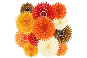 BestoFun 12PCS Orange Red Paper Fans Fall Party Decorations Tissue Paper Flowers Decorations for Girl Groovy Birthday Baby Shower Wedding Autumn Halloween Thanksgiving Room Wall Hanging Décor