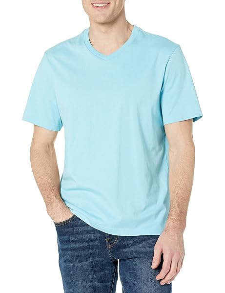 AMAZON ESSENTIALS 100% COTTON T SHIRTS FOR MEN, REGULAR-FIT SHORT-SLEEVE V-NECK, PACK OF 2, AVAILABLE IN BIG & TALL, LIGHT BLUE, 5X-LARGE BIG