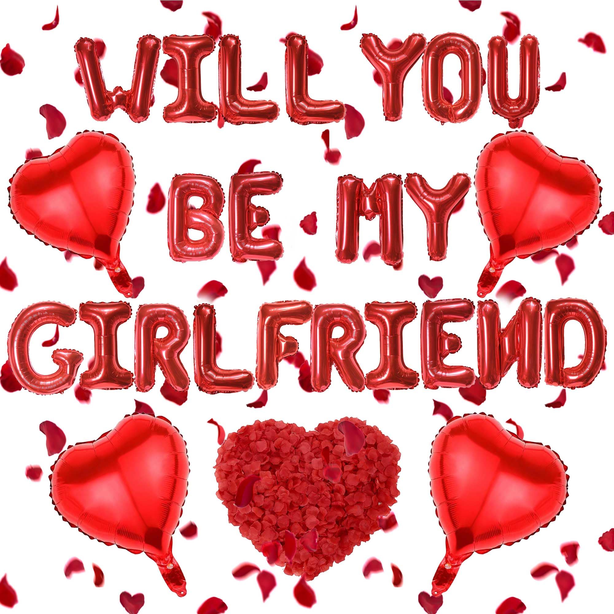 Will You Be My Girlfriend Decorations - 525Pcs Valentine Day Supplies Red Letter and Heart Balloons, 16 Inch Foil Balloons with Rose Petals for Romantic Occasion
