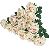 Champange Flowers,12 Pcs Silk Champagne Colored Roses,Flower Diameter 4'',Artificial Fake Faux Plastic Roses With Stems for Wedding Arrangement Centerpieces Party Home Table Decorations(champagne)