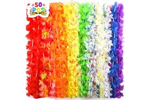 50 PCS Hawaiian Leis Colorful Tropical Flower Necklace for Luau Party Decorations, Summer Beach Party Favors, Hawaii Theme Bi