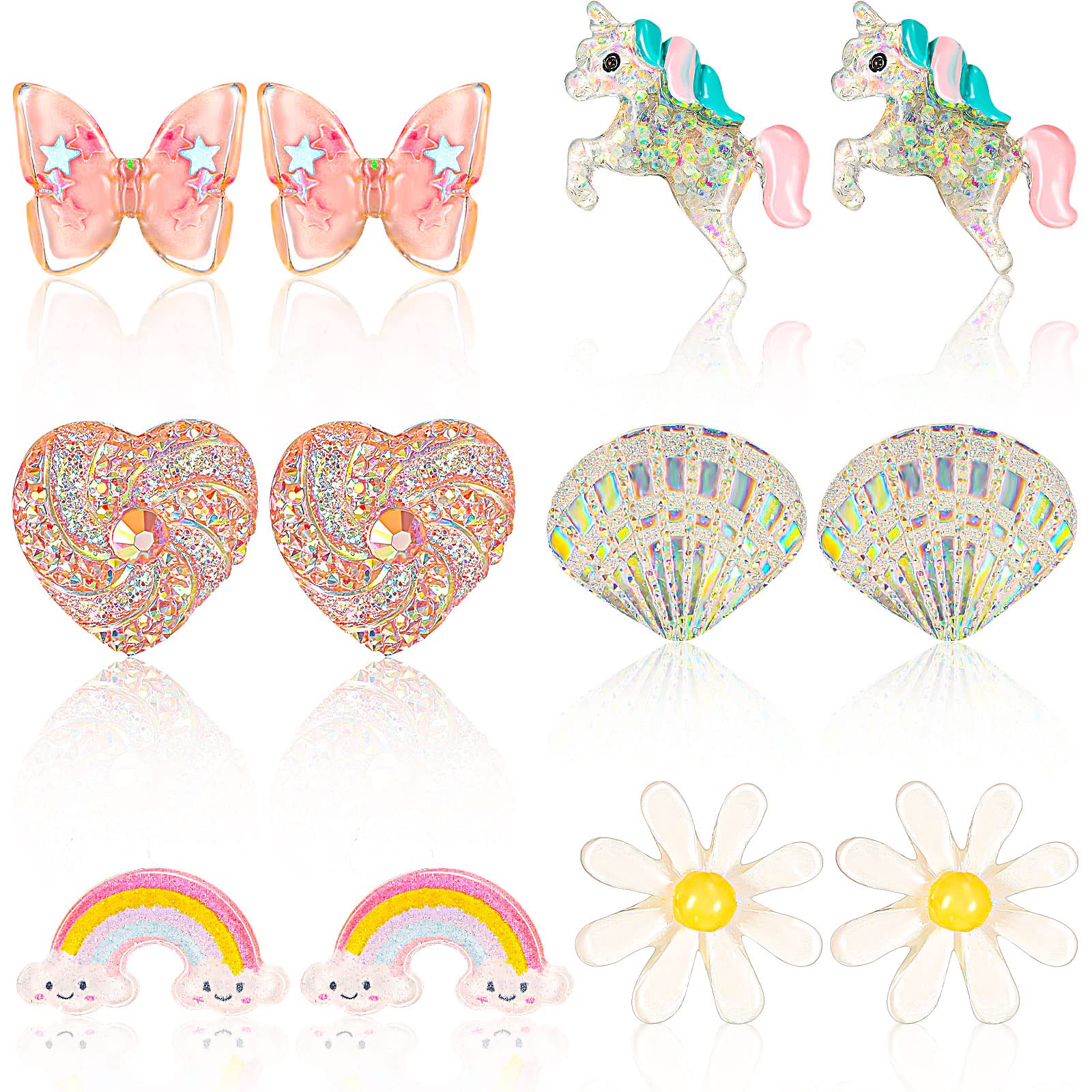 Yaomiao 6 Pairs Kids Clip On Earrings for Girls Bling Unicorn Flower Heart Earrings No Pierced Princess Play Earrings Girls Dress Up Jewelry Set for Kids (Lovely Style)
