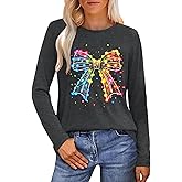 Christmas Women Shirts Christmas Light and Bow Cute Xmas Long Sleeve Festive Tee Tops