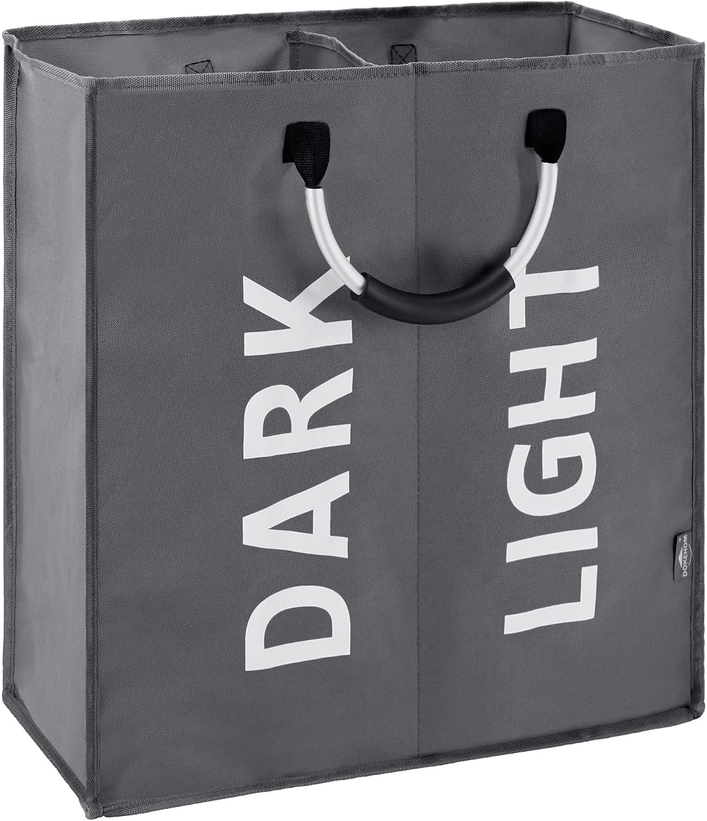 DOKEHOM 80L Large Collapsible Laundry Basket Two Sections Dark Grey