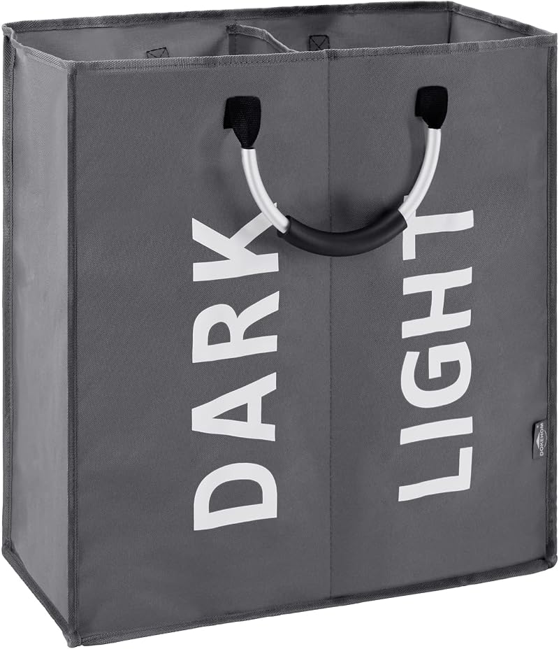 DOKEHOM 80L Large Collapsible Laundry Basket Two Sections Dark Grey