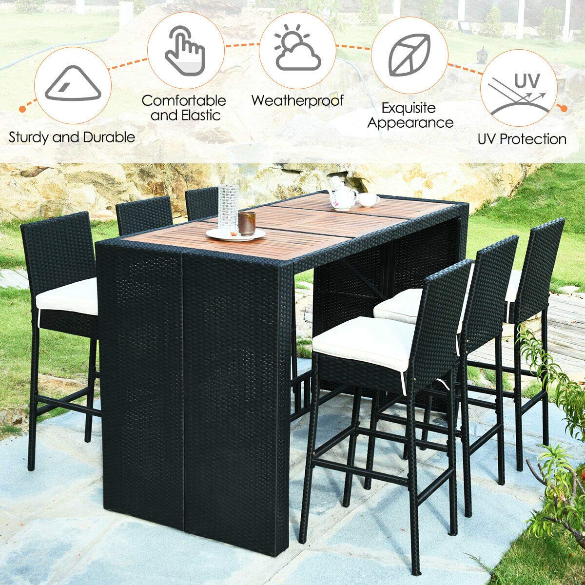 Conversation Set For Patios Porches Backyards Gardens And Poolside Patio Wicker Furniture Set With Acacia Wood Table Top And Removable Cushion Black Tangkula 7 Pcs Outdoor Dining Set Patio Lawn Garden