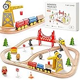 Tiny Land 55PCS Wooden Train Set - Compatible with Major Brand Tracks, Educational Toy for Toddlers & Kids Ages 3-7, Durable