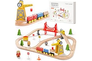 Tiny Land 55PCS Wooden Train Set - Compatible with Major Brand Tracks, Educational Toy for Toddlers & Kids Ages 3-7, Durable Wooden Railway Tracks