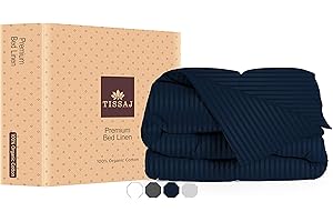 Organic Cotton Duvet Cover Queen/Full – Damask Stripes Navy Blue – GOTS Certified – Soft & Smooth Sateen Weave – Secure Fit with Corner Ties & Envelope Closure – Bedding – Machine Washable – Tissaj