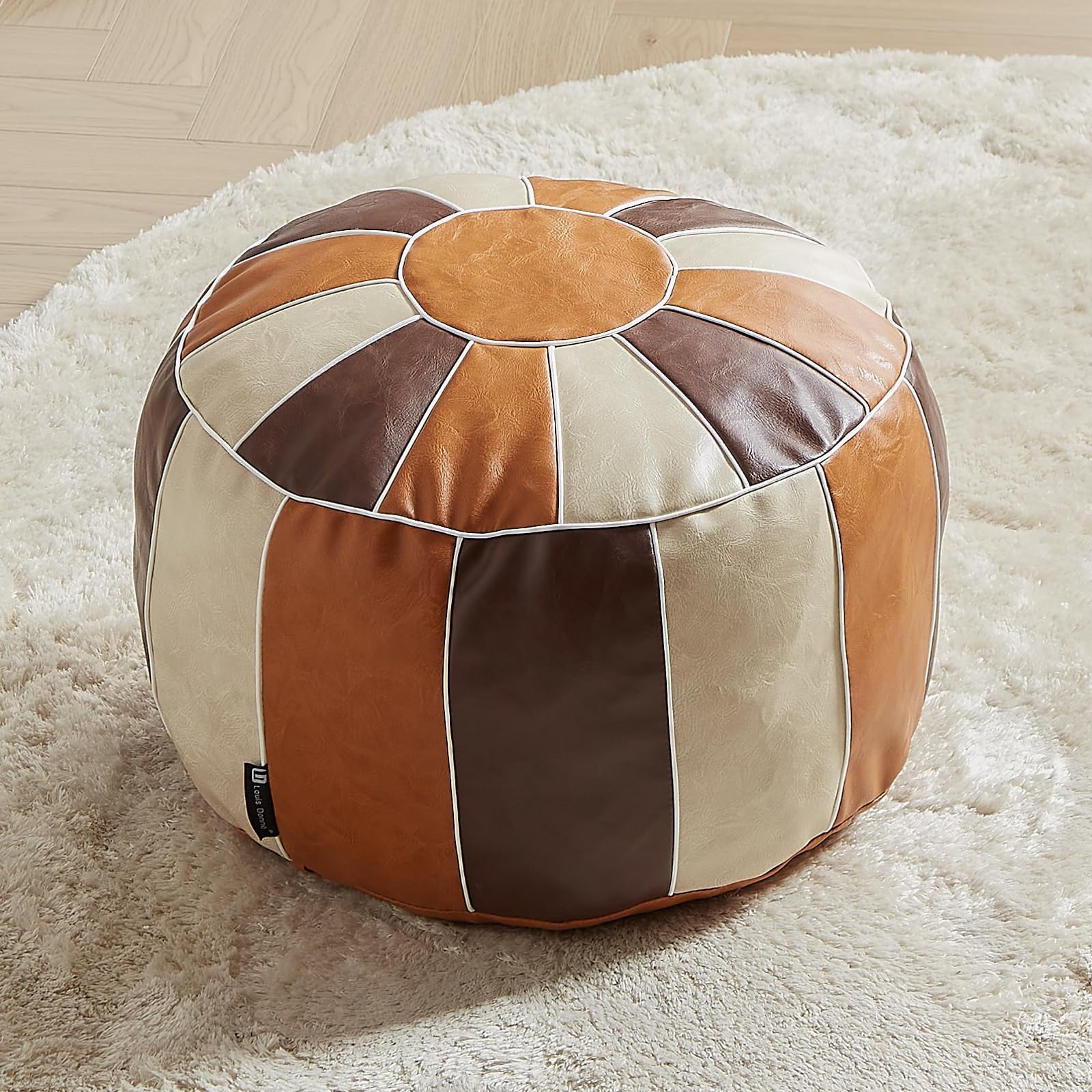 Louis Donné UNSTUFFED Pouf Ottoman Cover, Faux Leather Foot Stool for Foot Rest, Moroccan Style Pouffe Ottomans, 21" Round Handmade Small Bean Bag Covers for Storage, Footstools for Living Room