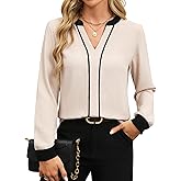 Fayenne Womens Tops Dressy Casual V Neck Color Block Business Casual Blouses Long Sleeve Work Shirts Fall Trendy Clothes