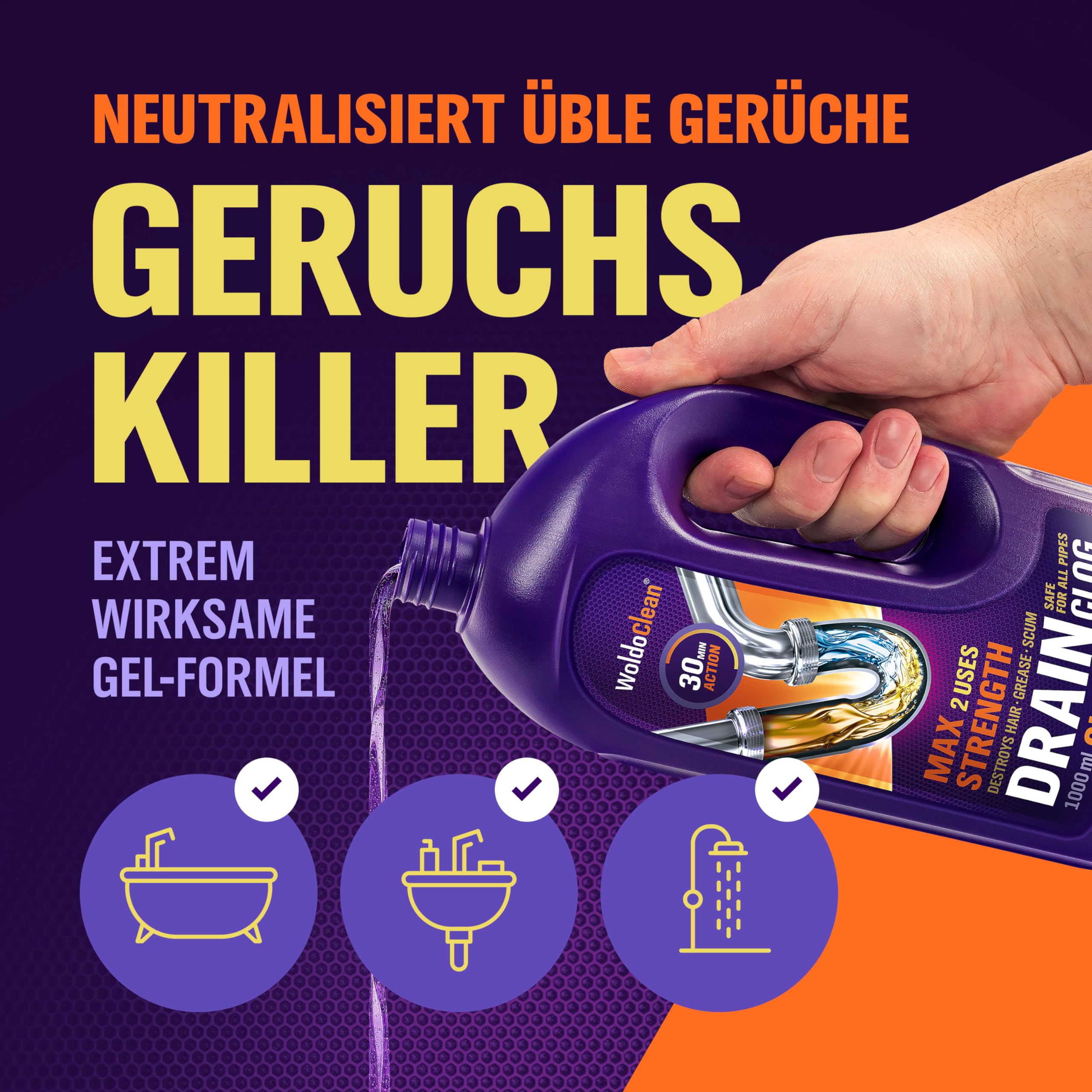 WoldoClean Rohrreiniger & Abflussreiniger Gel 1000ml extrem stark 3
