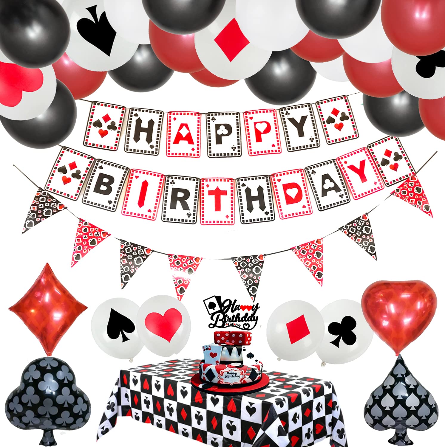 Casino Party Decorations,Poker Birthday Party Decorations KeaParty, Casino Las Vegas Party Supplies Include Tablecloth,Casino Balloons,Cake Topper,Banner,Flag