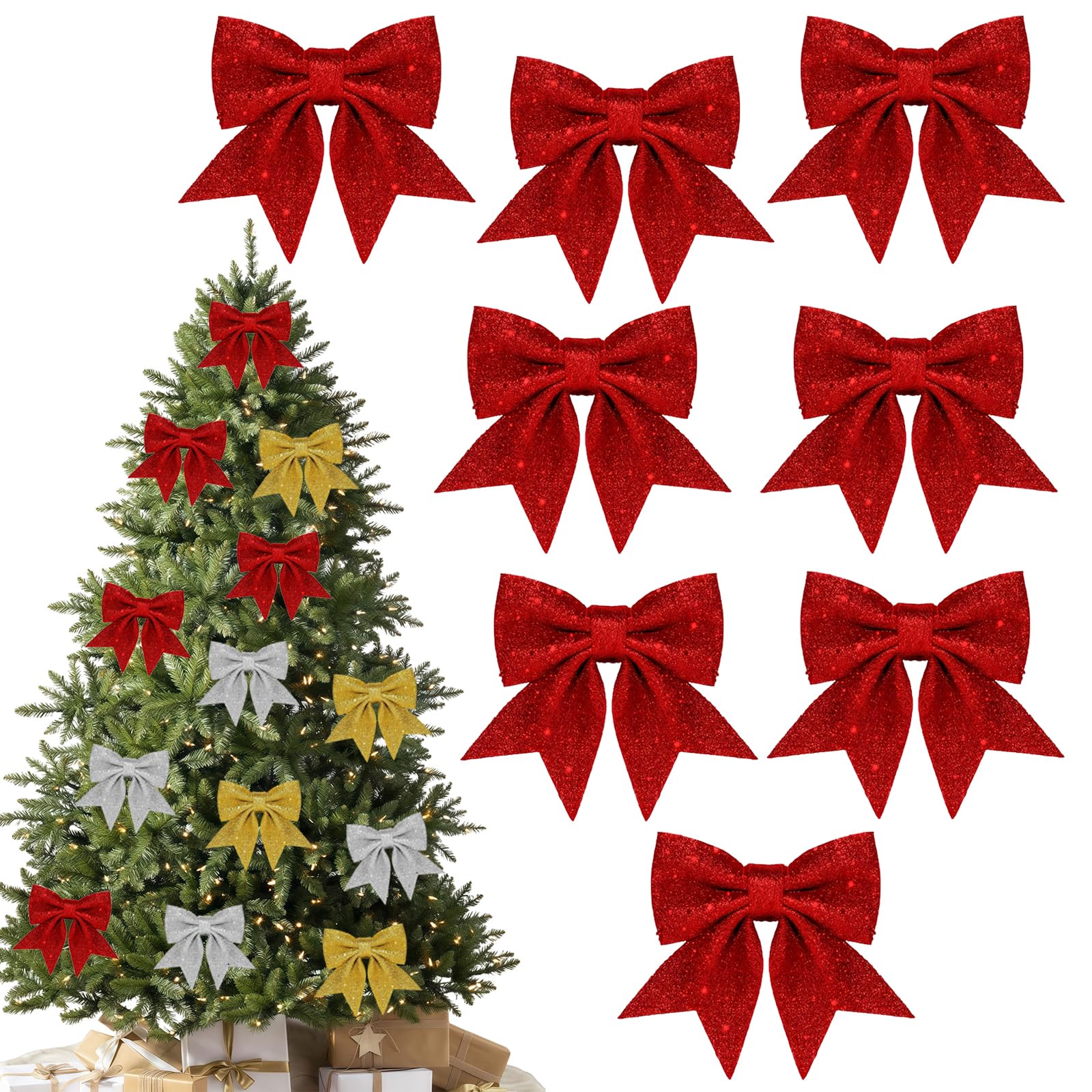 8 Pack Small Glitter Christmas Bows Red,5.5inch Glitter Bows for Christmas Tree Decorations,Wreaths Bows,Sequin Bow Ties Christmas Decorative Bows Tree Wreaths Ornament for Home Christmas Party