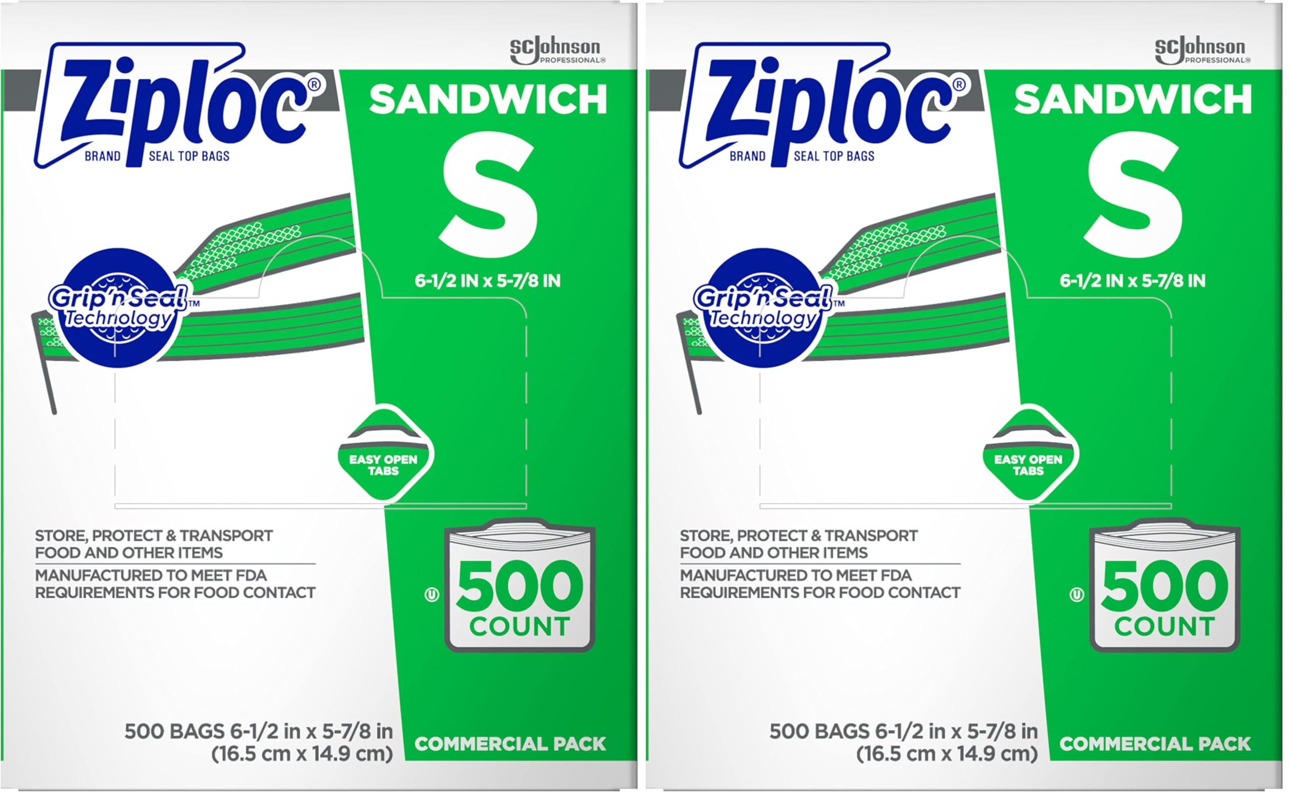 SC Johnson Professional Ziploc Brand Sandwich Bags, Food Storage Ziploc Brand Bags, Easy Open Tabs, Commercial Pack, 500 Count Box, for Professional Use Only (Pack of 2)
