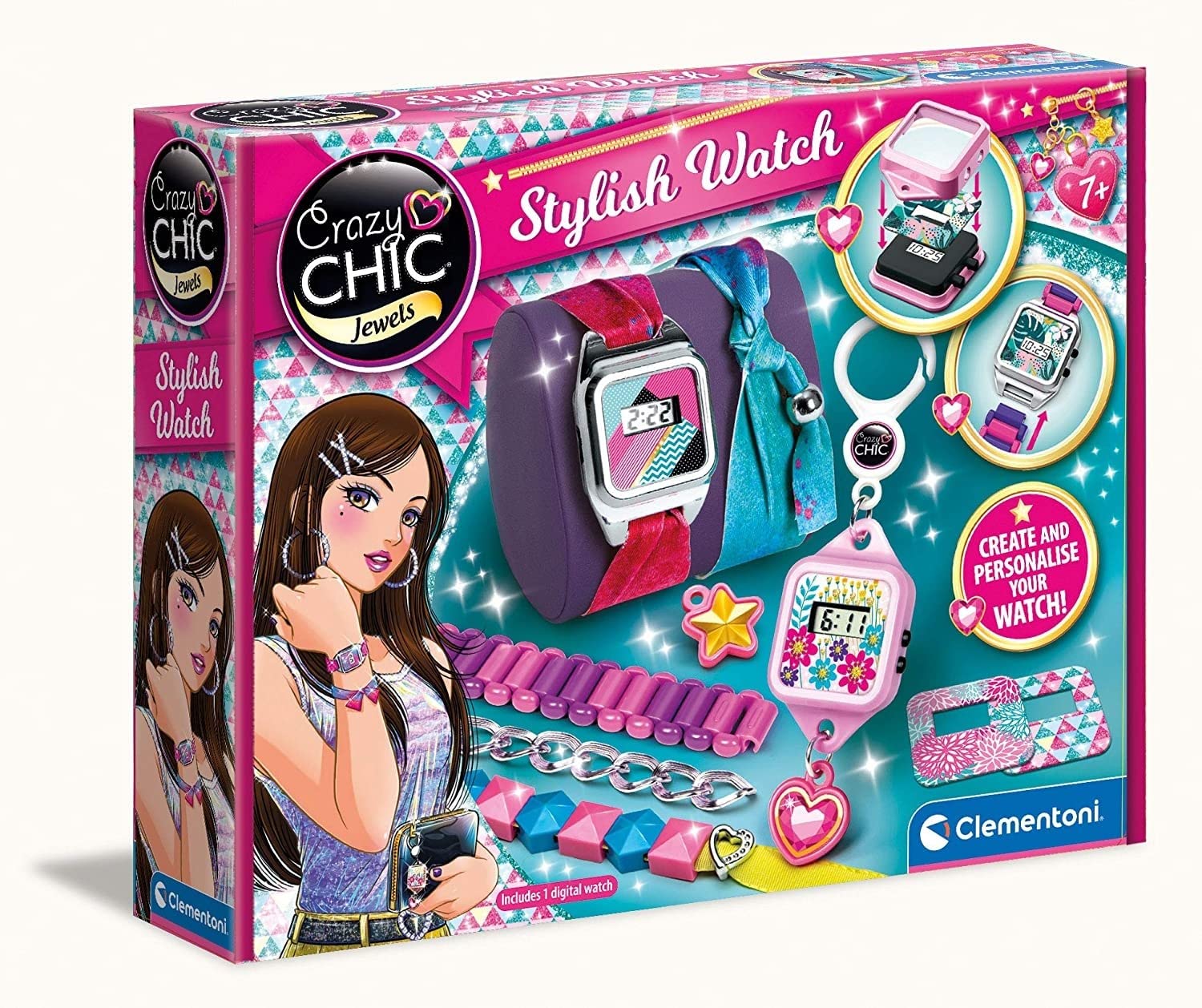 Clementoni- Crazy Chic: Stylish Watch Jewellery Making Kit for Girls, Personalise Your Look with Interchangeable Straps (7+Years)
