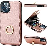 Folosu Compatible with iPhone 12/12 Pro Case Wallet with Card Holder, 360°Rotation Finger Ring Holder Kickstand Protective RFID Blocking PU Leather Double Buttons Flip Shockproof 6.1 Inch Rose Gold