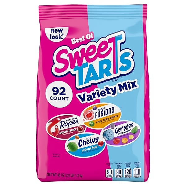 SWEETARTS CANDY, VARIETY MIX, CHERRY PUNCH ROPES, MINI CHEWY, GUMMIES FRUITY SPLITZ & CHEWY FUSIONS 45 OZ (92 PIECES)